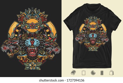 Three angry black panthers. Mayan art. Mesoamerican mexican art. Wild cats queens in jungle. Creative print for dark clothes. T-shirt design. Template for posters, textiles, apparels 