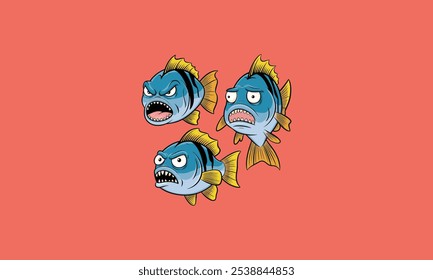 Three angry cartoon fish with expressive faces.