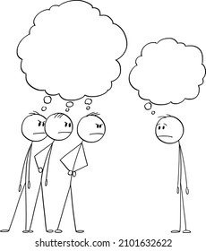 Three angry men looking angrily at one man, blaming or hating him with empty thought bubbles, vector cartoon stick figure or character illustration.