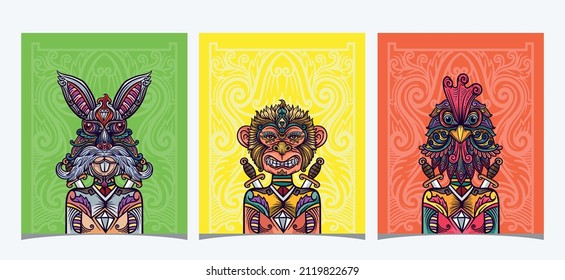 three animal cards, chicken, monkey and rabbit, mandala style ornament