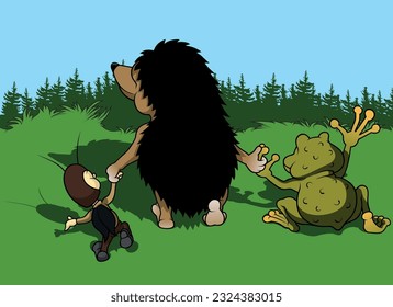 Drei Tierfreunde aus der Fernsicht - farbige Cartoon-Illustration mit Hintergrund, Vektorgrafik