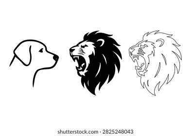 Three animal head silhouettes, a dog and two lions, are presented in black and white against a white background. The