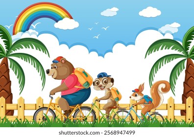 Three animals biking together in a sunny landscape