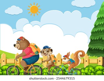 Three animals biking together under a sunny sky