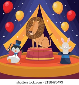 tres animales en la escena de circo