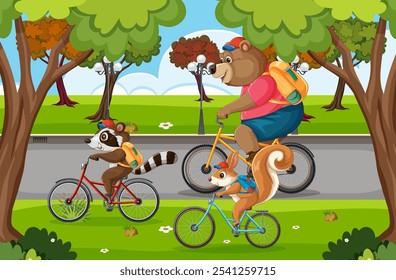 Três animais pedalando em um parque panorâmico