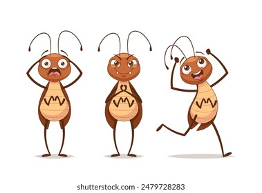 Three Animated Cartoon Cockroaches Showing A Range Of Emotions From Fear To Happiness. Vector Pest Characters