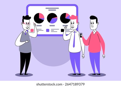 Three animated characters analyzing business data displayed on large screen. Teamwork and collaboration in casual office setting concept