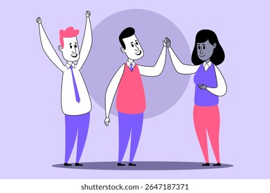 Três personagens animados expressando emoção e trabalho em equipe. Um personagem erguendo o punho em triunfo, enquanto outro trocando gestos de parabéns