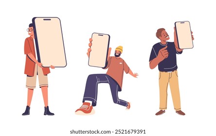 Three Animated Characters Holding Oversized Mobile Phones With Blank Screens Showing A Playful And Modern Communication