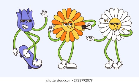 Três flores animadas com personalidades distintas em um estilo de desenho animado retrô moderno posam casualmente, envolvendo-se em atividades recreativas como skate e tirar selfies.