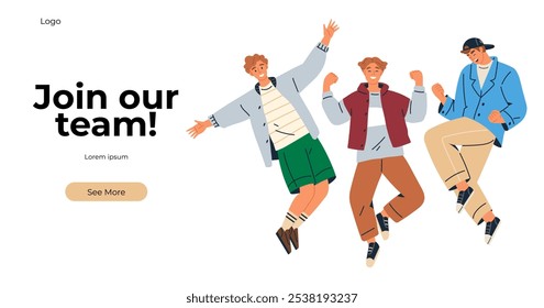 Three animated individuals jumping excitedly against a white background with the text Join our team. Ideal for job recruitment, career opportunities, team building, company culture, and talent