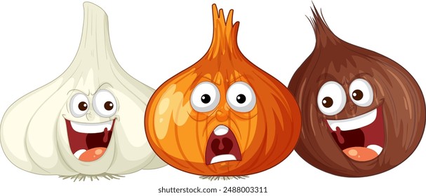 Three animated vegetables with expressive faces