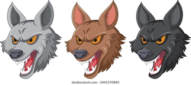 Three animated wolves showing aggressive expressions.