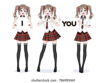 Three Anime Manga girl schoolgirl in a red skirt and blouse holding hands in the shape of a heart. Asian woman in love. cartoon style. hold in their hands posters "I love you"