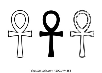 Three ankh symbols. Also called key of life, a cross with handle, an ancient Egyptian hieroglyphic symbol of gods and Pharaohs, representing life. Breath of life, key of the Nile, crux ansata. Vector.