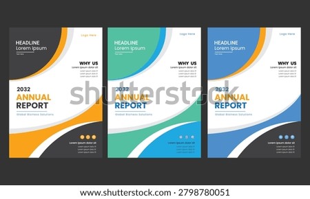 Three annual report templates with modern design and colorful abstract shapes in orange, green, and blue hues on dark background, featuring headline, why us, and global business solutions sections