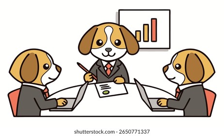 Three anthropomorphic dogs dressed in business attire are seated around a conference table, engaged in a meeting. One dog presents a chart while the others use laptops.