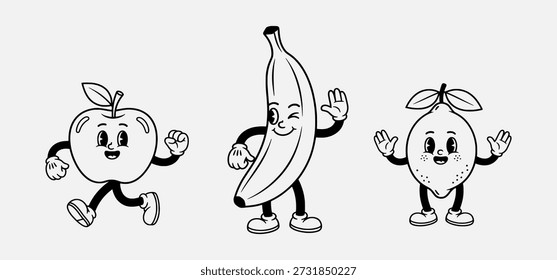 Tres frutas antropomórficas con caras y extremidades sonrientes, de pie y saludando