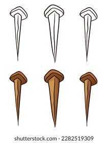 Three antique nails in two versions: one group in outlines for coloring and the other in cartoon style.