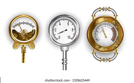 Three antique pressure gauge drawn in steampunk style on white background.