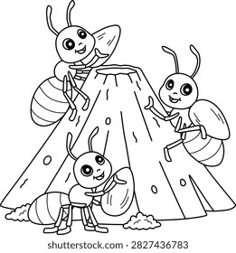 three ants climbing anthill coloring page kids activity worksheet line art