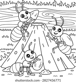 Three ants climbing tree stump coloring page activity sheet kids educational
