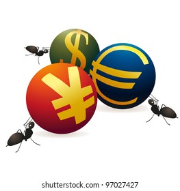 Three ants with three symbols of Yuan, Euro and US Dollar