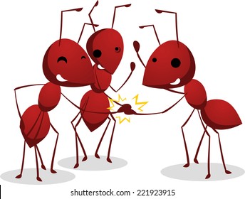 Three Ants team shaking teamwork hands, with three brown ants vector illustration.