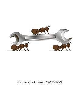 Three ants are transporting one huge metal spanner with team spirit illustration