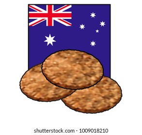 Three ANZAC biscuits / cookies and the Australian flag. 