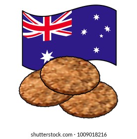 Three ANZAC biscuits / cookies and the Australian flag. 