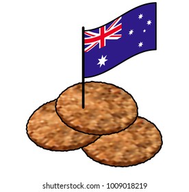 Three ANZAC biscuits / cookies and the Australian flag. 