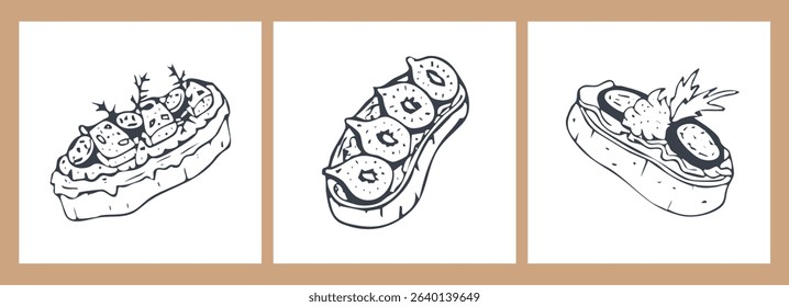 Three appetizer bruschettas drawings, snack sandwiches with tomatoes, figs and green. Food vector hand drawn illustrations for restaurant and cafe menu decorations.
