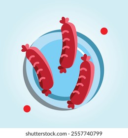 Three appetizing sausages arranged on a light blue plate. A simple, colorful food illustration.