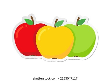 three apple fruit. Yellow, red and green apple, Sticker. Ripe Apple clipart icon with leaf. flat vector illustration.
