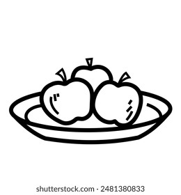 Three apple fruits on plate icon drawing illustration with black outline isolated on square white background. Simple flat black and white monochrome cartoon art styled drawing.