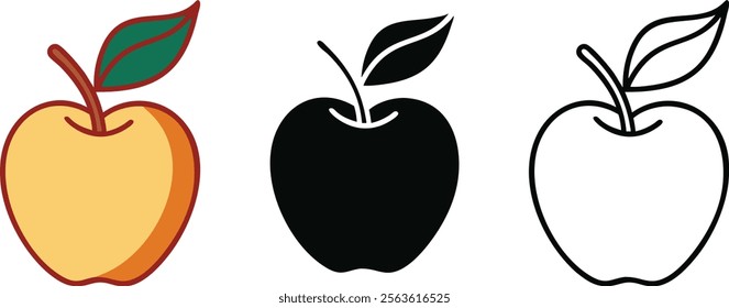Three apple icons a colored, filled black, and outlined version. Simple, clean design suitable for various uses. Each shows an apple with a leaf.