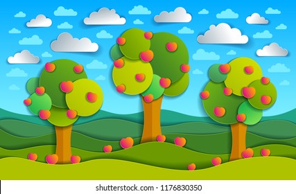 Three apple trees in the field scenic nature landscape cartoon modern style paper cut vector illustration.