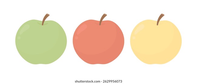Três maçãs em estilo cartoon no fundo branco isolado. Maçã verde, vermelha e amarela. Nutrição adequada. Alimentos com baixo teor calórico