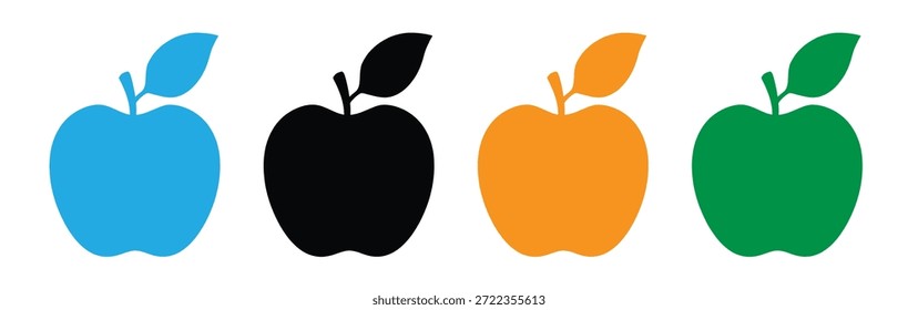 Three apples with different colors and styles. Colorful apple icons in blue, black, orange, and green.