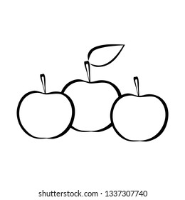 three apples with leaf vector outline symbol isolated on white background