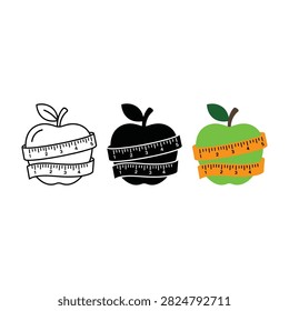 Three apples with measuring tapes wrapped around them in black and white and color