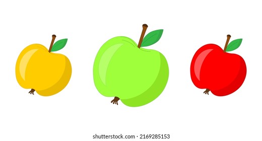 Three apples on a white background. Red, green, yellow apples.