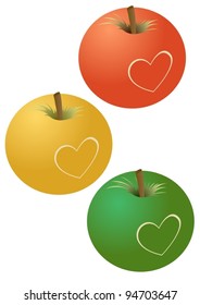 Three apples with the picture of a heart. The illustration on a white background.