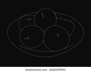 Three apples rest on a simple plate, depicted in clean black and white line art. The contour drawing highlights their organic shapes against a dark background.