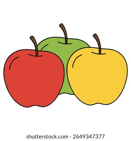 three apples various color red green yellow fruit healthy food flat color vector illustration template design