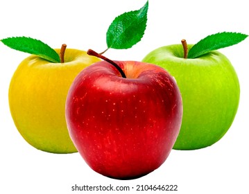 Drei Äpfel mit weißem Hintergrund, gelb, rot, grün
