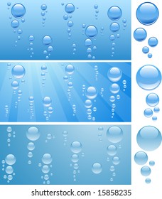 Three aquariums with bubbles. Vector illustration of blue water.