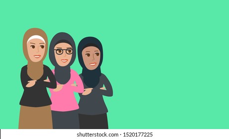 three arab women in traditional clothes on green background